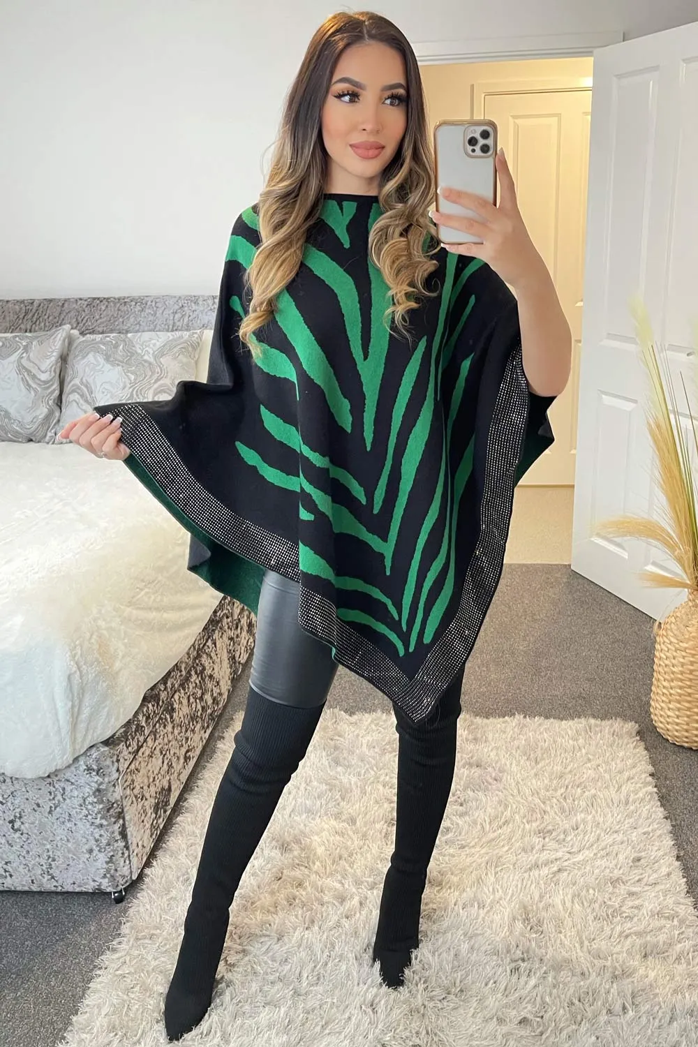 Dakota Green Zebra Print Diamante Trim Cape