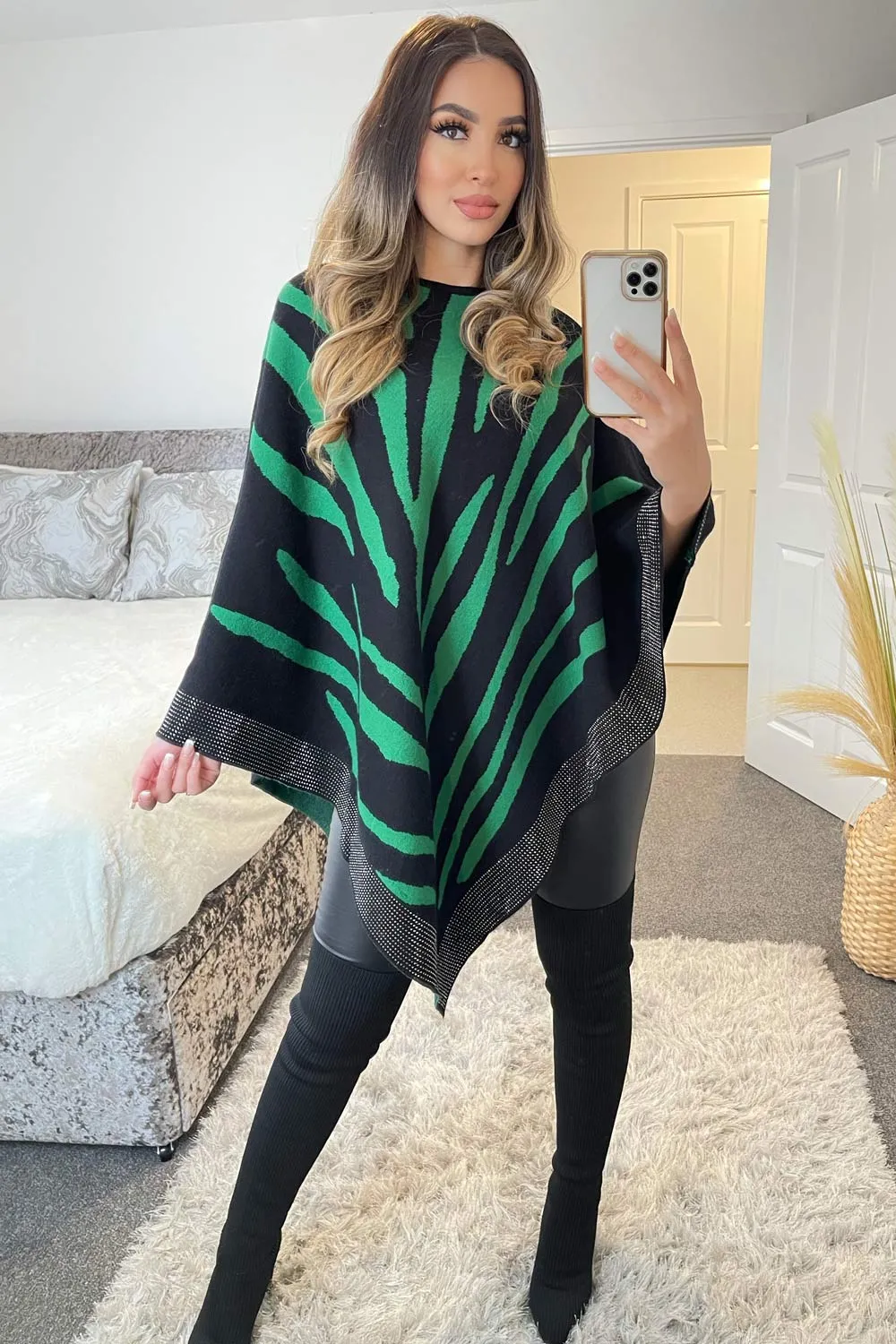 Dakota Green Zebra Print Diamante Trim Cape