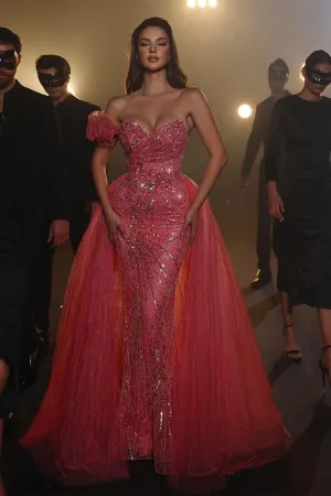 Elegant Sleeveless Pink Sweetheart Panel Mermaid Prom Dresses With Sequins