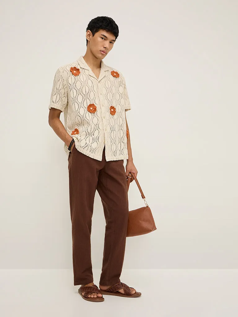 ETA Beige Floral Knitted Relaxed-Fit Cotton-Blend Shirt