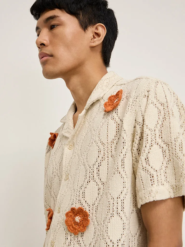 ETA Beige Floral Knitted Relaxed-Fit Cotton-Blend Shirt
