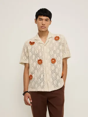 ETA Beige Floral Knitted Relaxed-Fit Cotton-Blend Shirt
