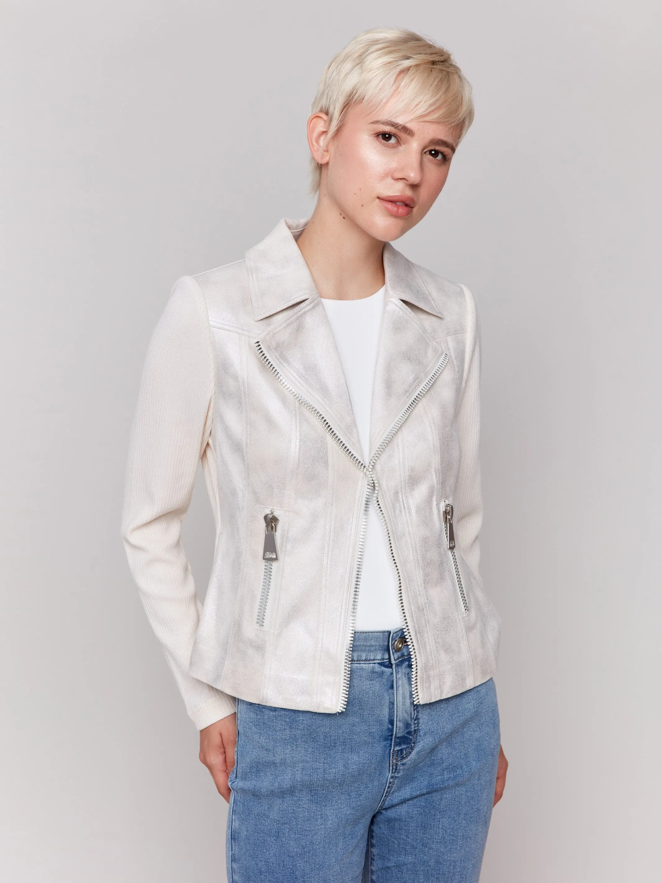 Foiled Faux Leather and Rib Knit Jacket - Champagne
