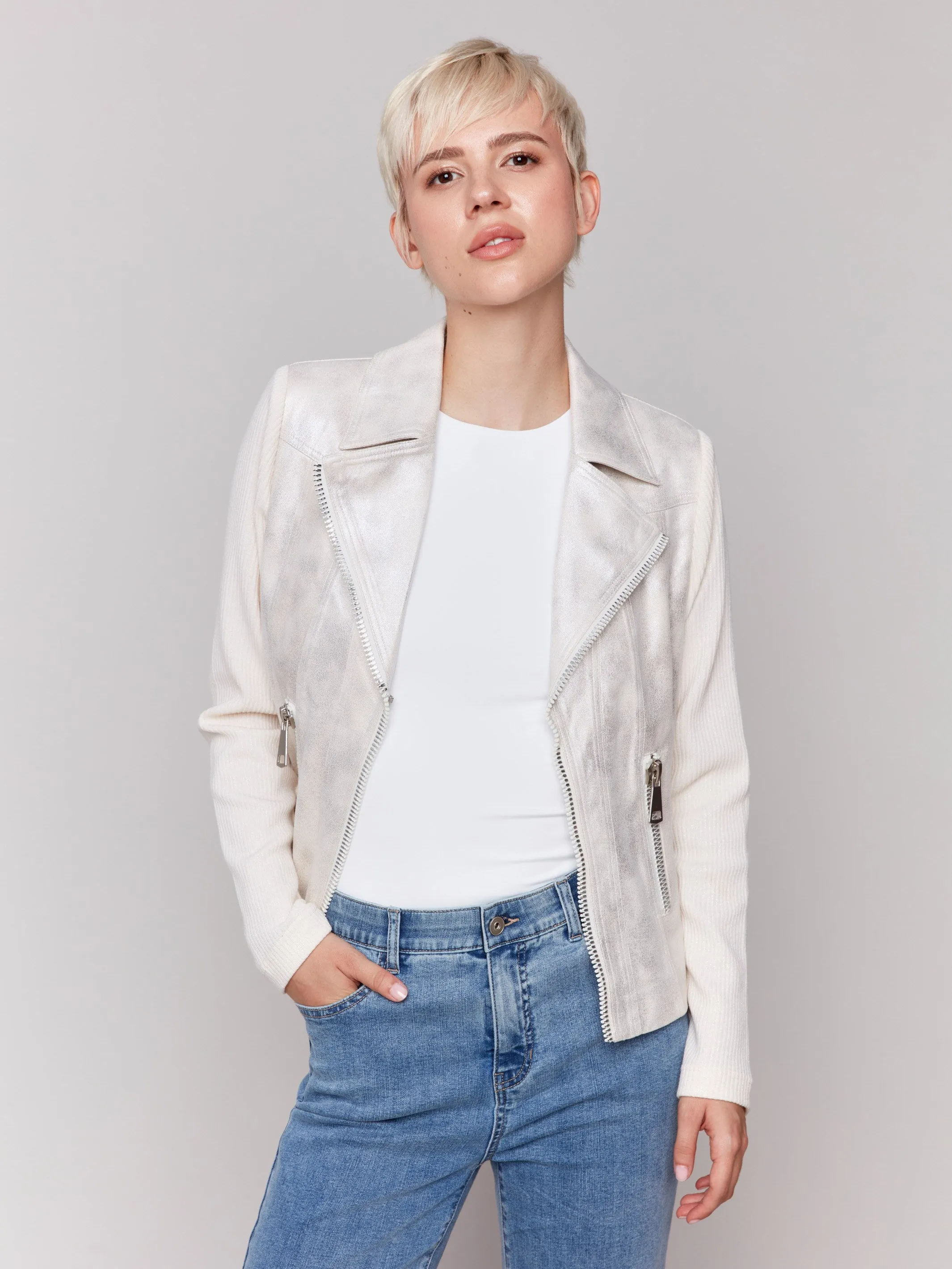 Foiled Faux Leather and Rib Knit Jacket - Champagne