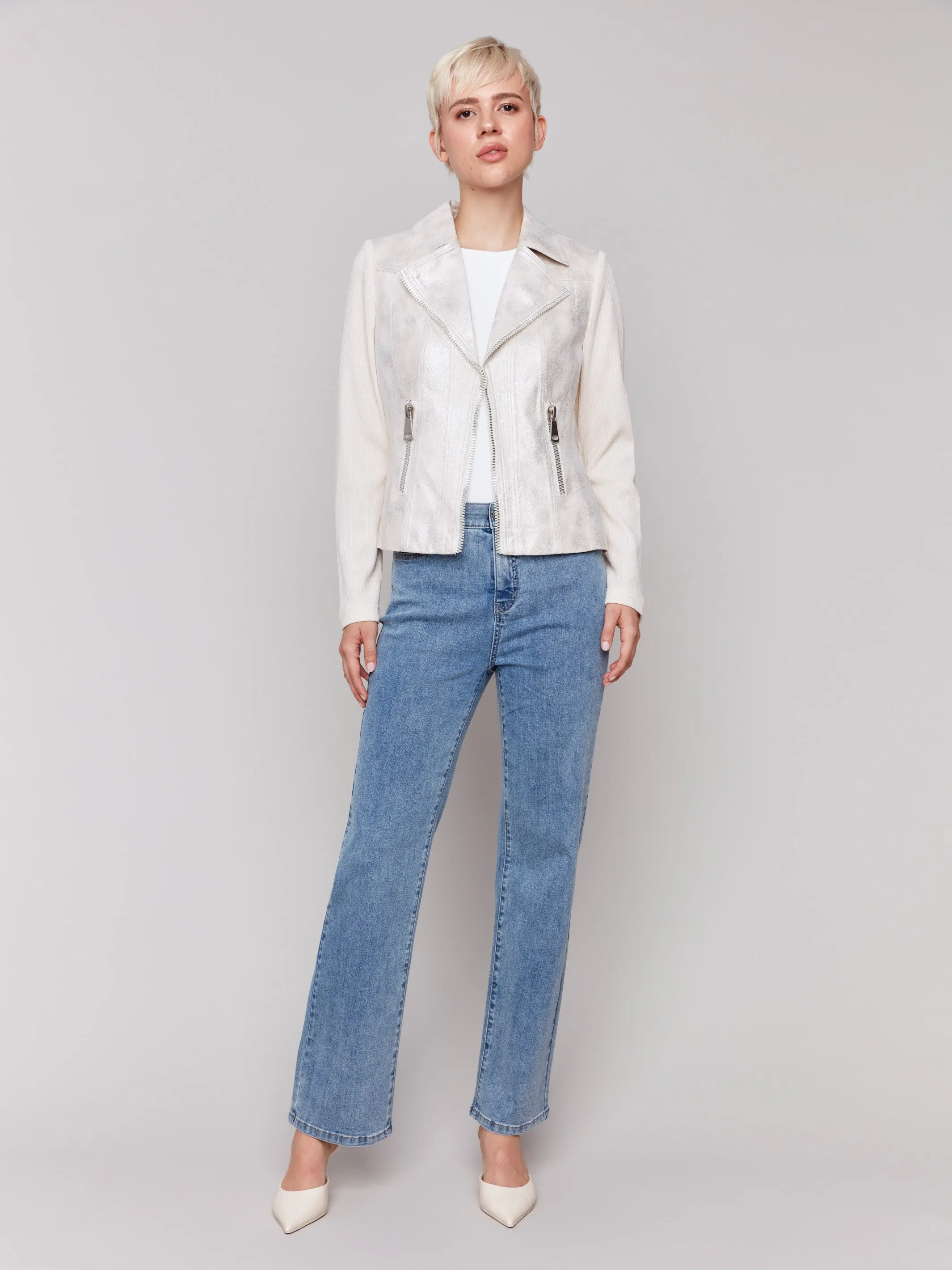 Foiled Faux Leather and Rib Knit Jacket - Champagne