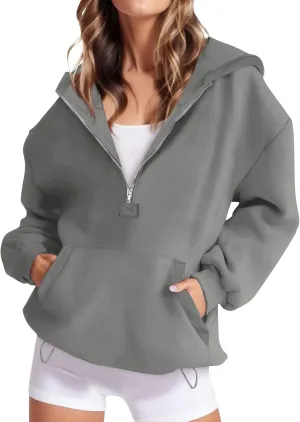 Half Zip Pullover Women Trendy Fleece Quarter Zip Y2k Hoodie Drop Shoulder Baggy Comfy Oversized Sweatshirt w/Pockets