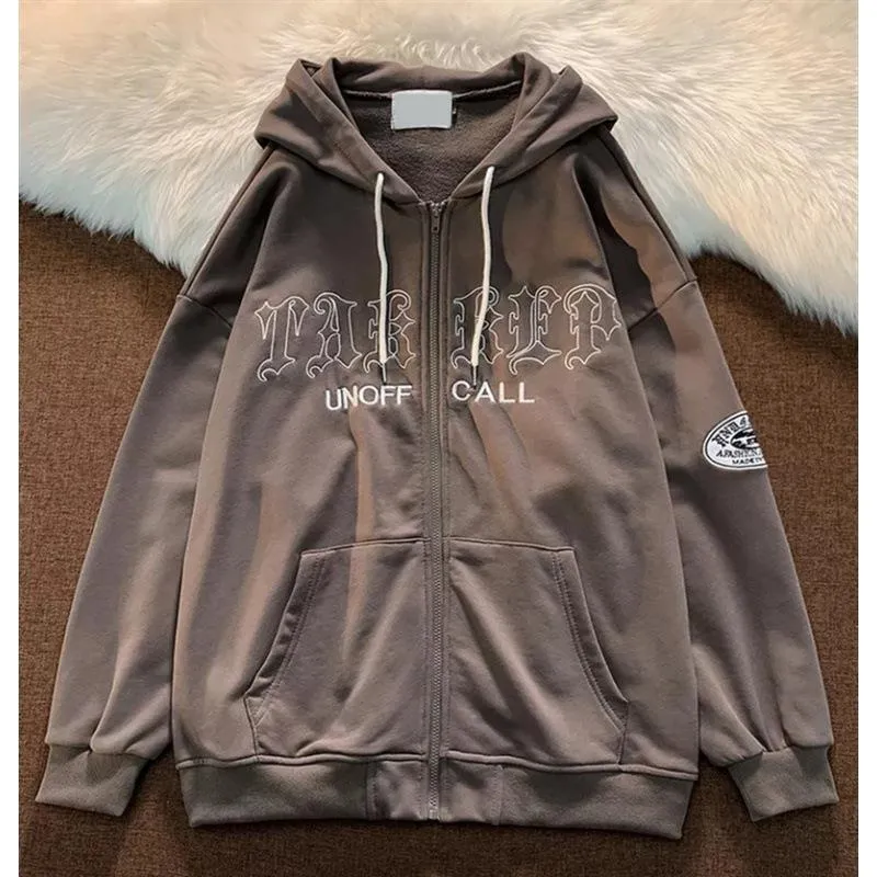 Harajuku Letter Embroidery Zip Up Hoodie