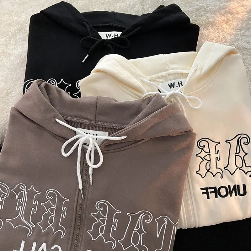 Harajuku Letter Embroidery Zip Up Hoodie
