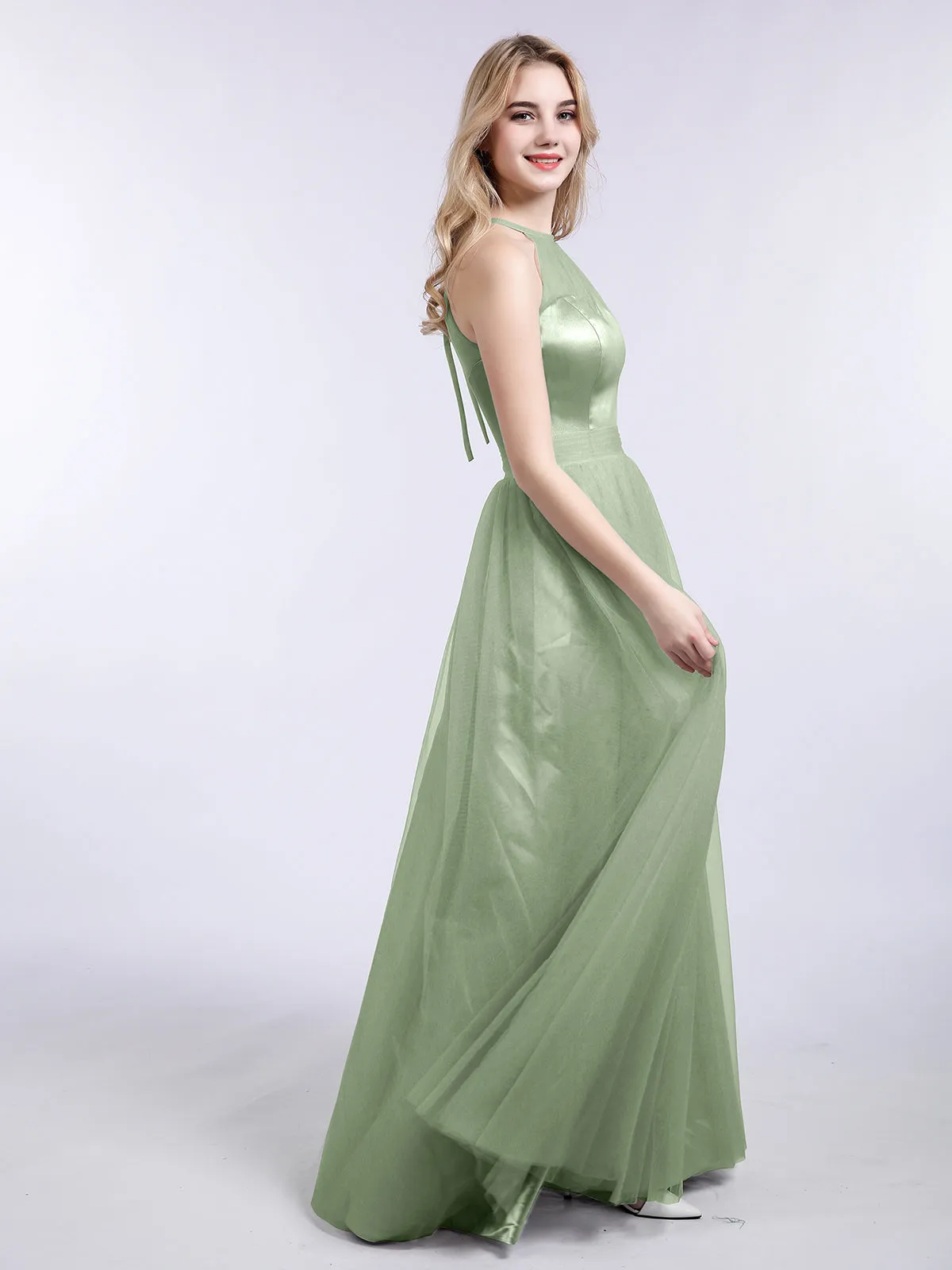Illusion Neckline Long Tulle Dress-Dusty Sage