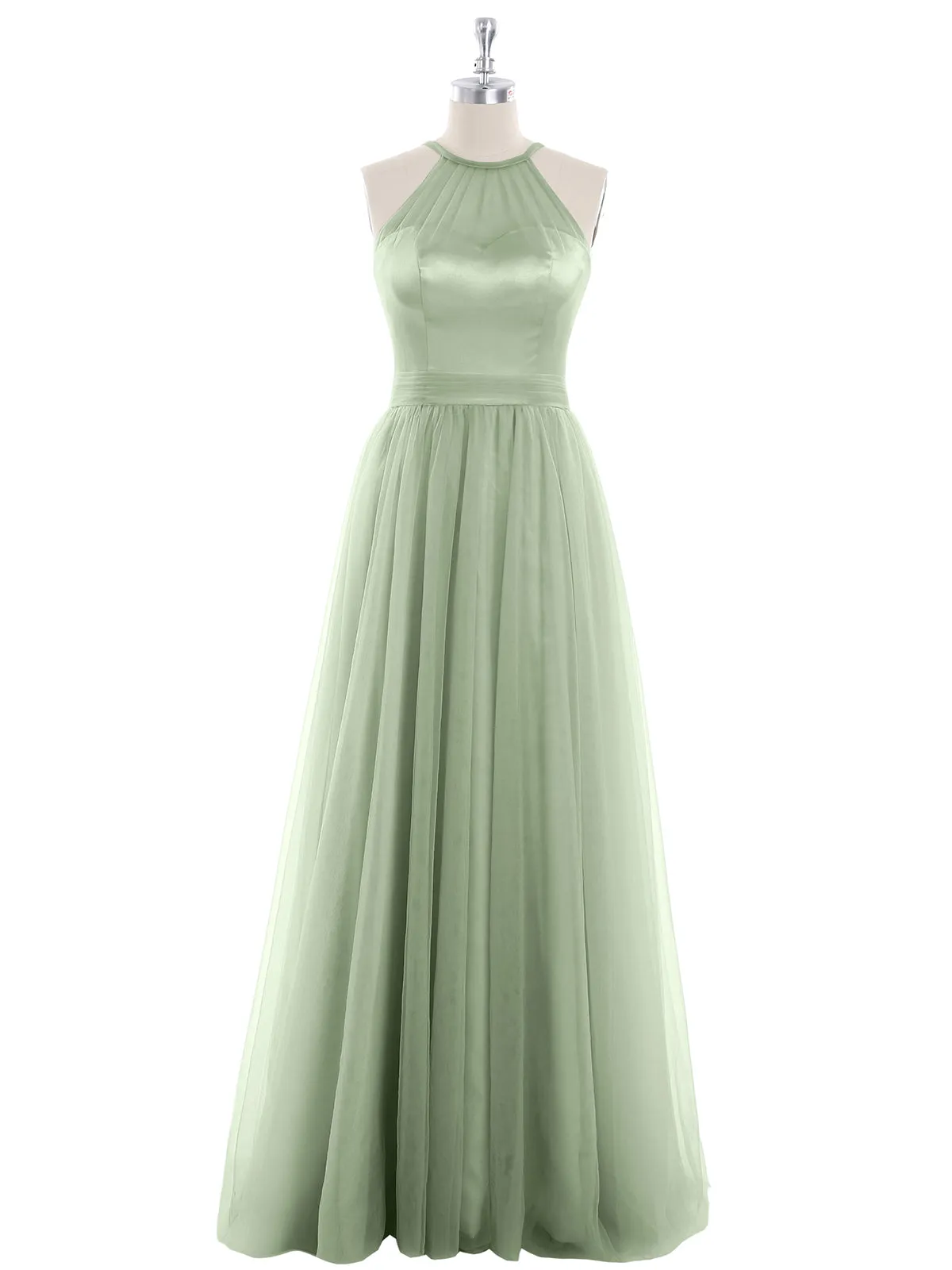 Illusion Neckline Long Tulle Dress-Dusty Sage