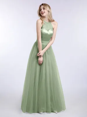 Illusion Neckline Long Tulle Dress-Dusty Sage