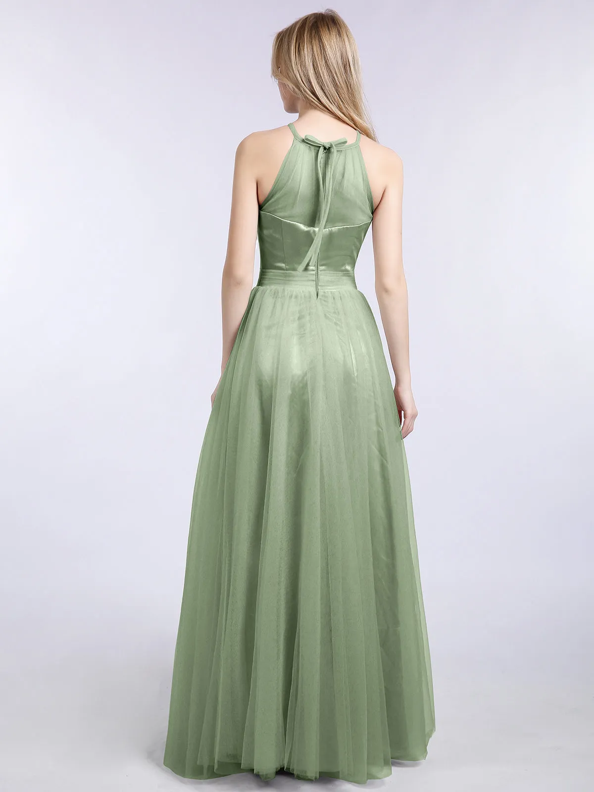 Illusion Neckline Long Tulle Dress-Dusty Sage