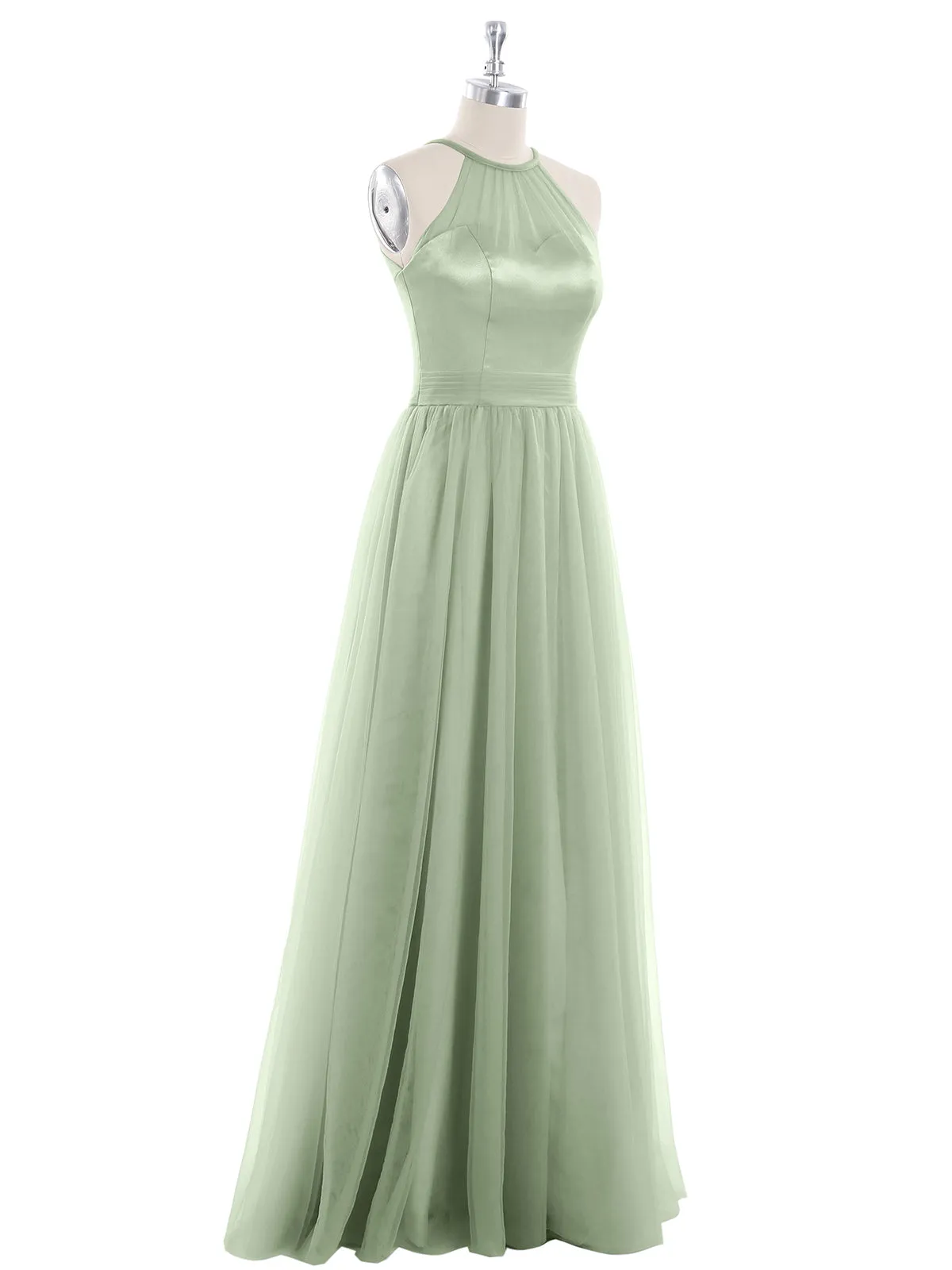 Illusion Neckline Long Tulle Dress-Dusty Sage