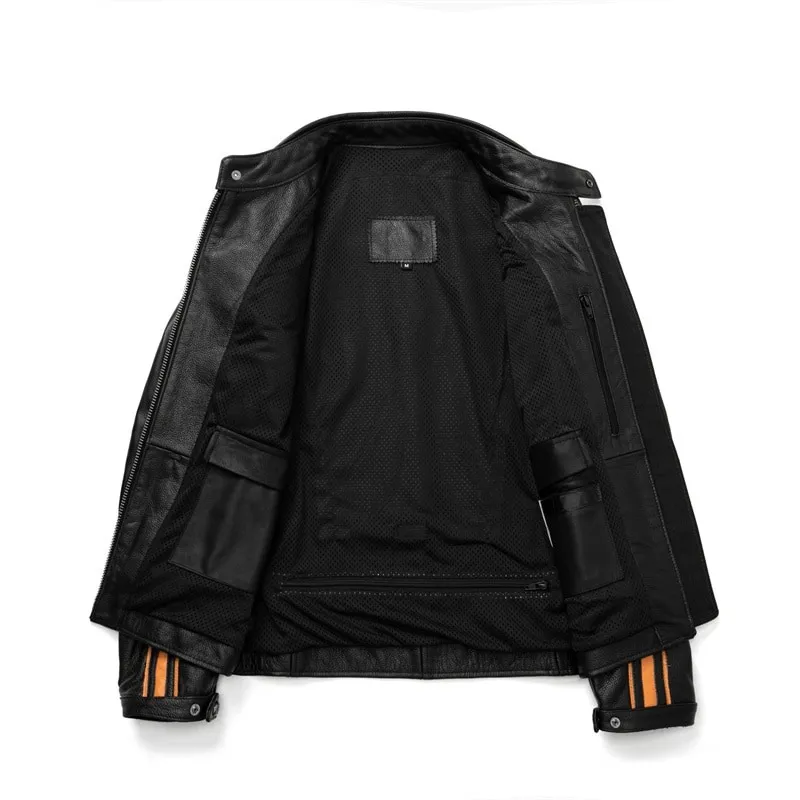 Men's Black Genuine Leather Jacket / Motorcycle Style Stand Collar Jackets