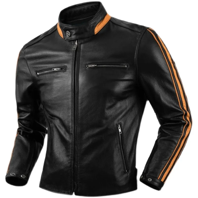 Men's Black Genuine Leather Jacket / Motorcycle Style Stand Collar Jackets