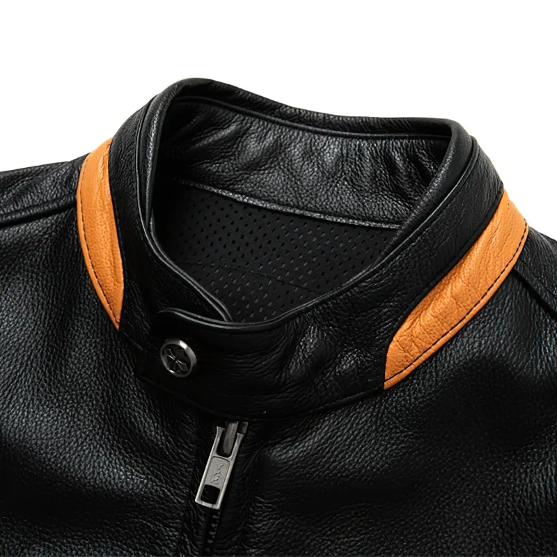 Men's Black Genuine Leather Jacket / Motorcycle Style Stand Collar Jackets
