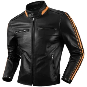 Men's Black Genuine Leather Jacket / Motorcycle Style Stand Collar Jackets