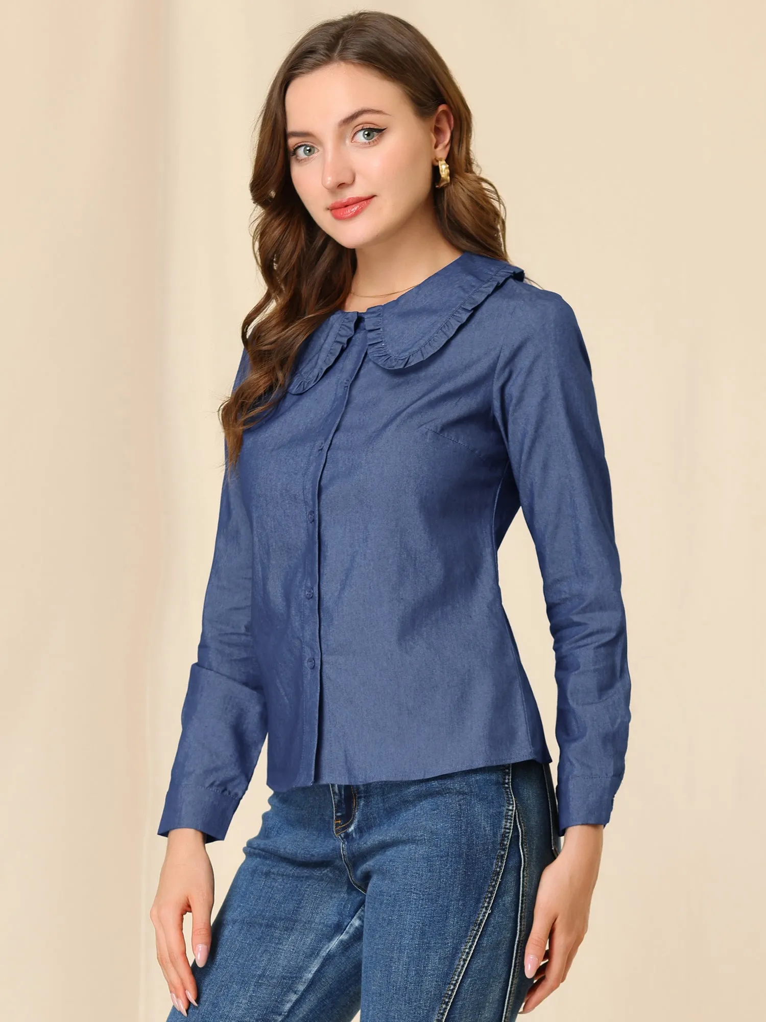 Peter Pan Collar Ruffled Button Down Denim Shirt