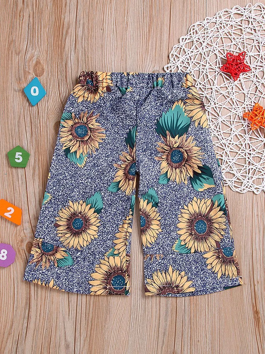 Stylish Sunflower Print Casual Loose Pants for Toddler Big Girls