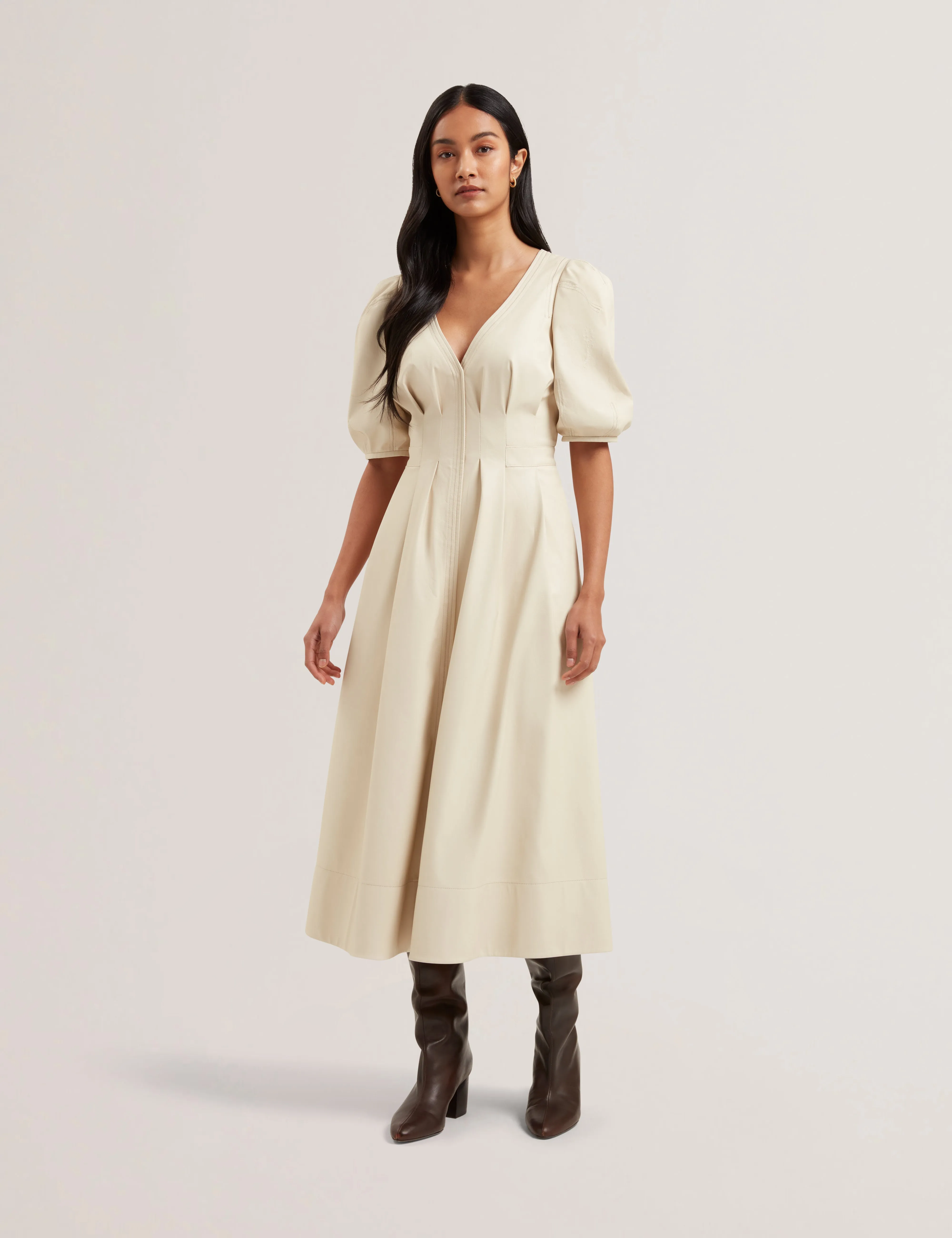 Tamega Faux Leather Midi Dress Ivory