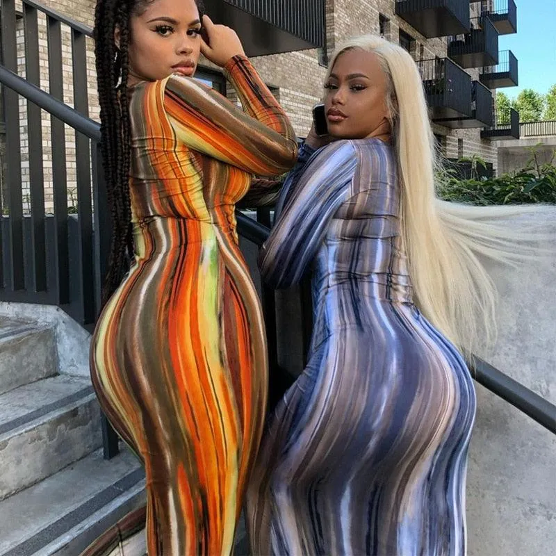 Tie Dye Print Sexy Dress Long Sleeve