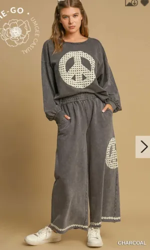 Umgee Slip on Pants with Crochet Peace Sign
