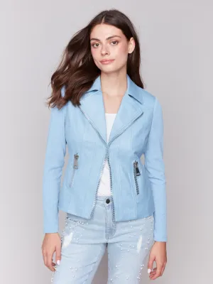 Vintage Faux Leather and Rib Knit Jacket - Bluebell