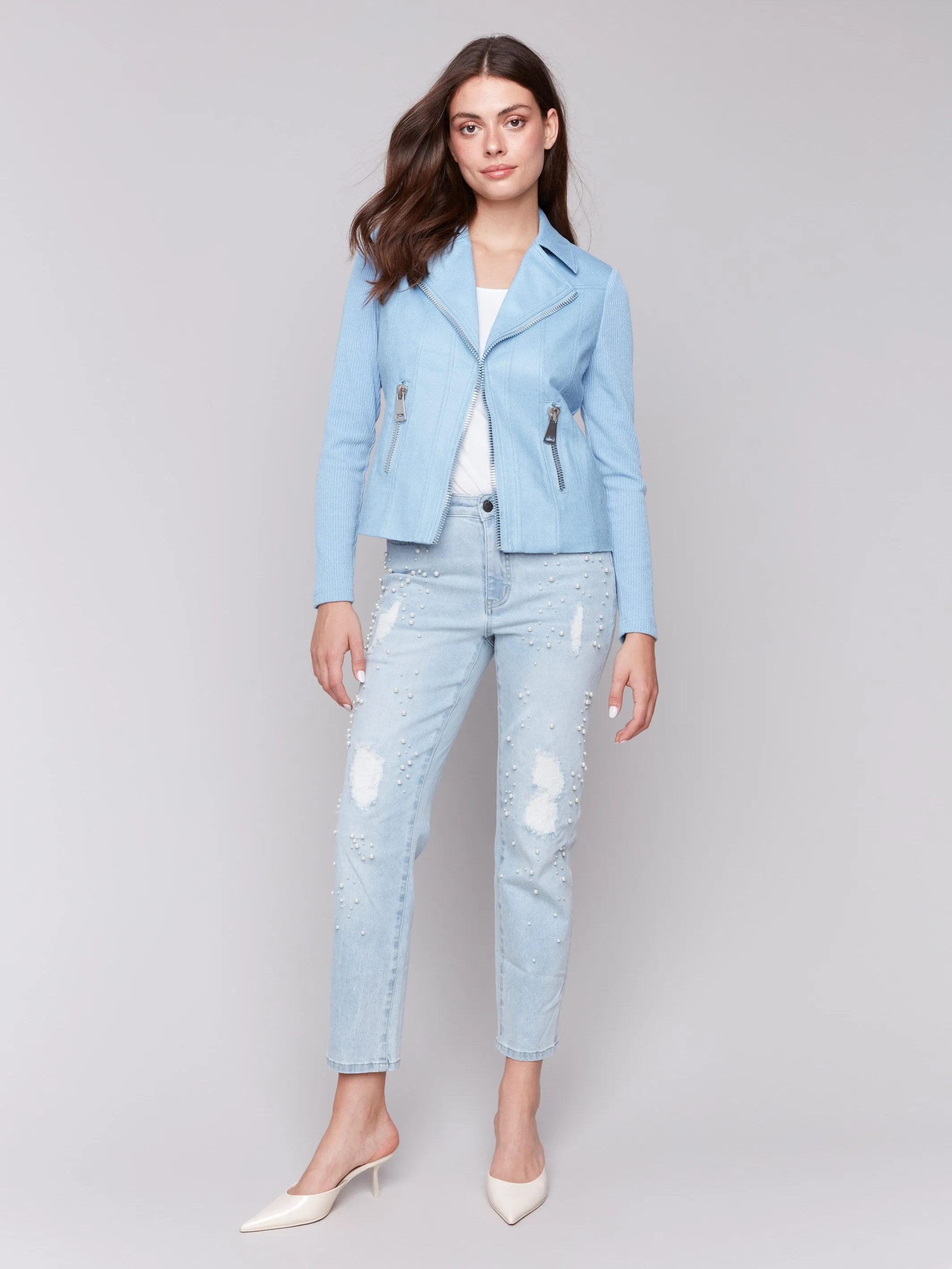 Vintage Faux Leather and Rib Knit Jacket - Bluebell