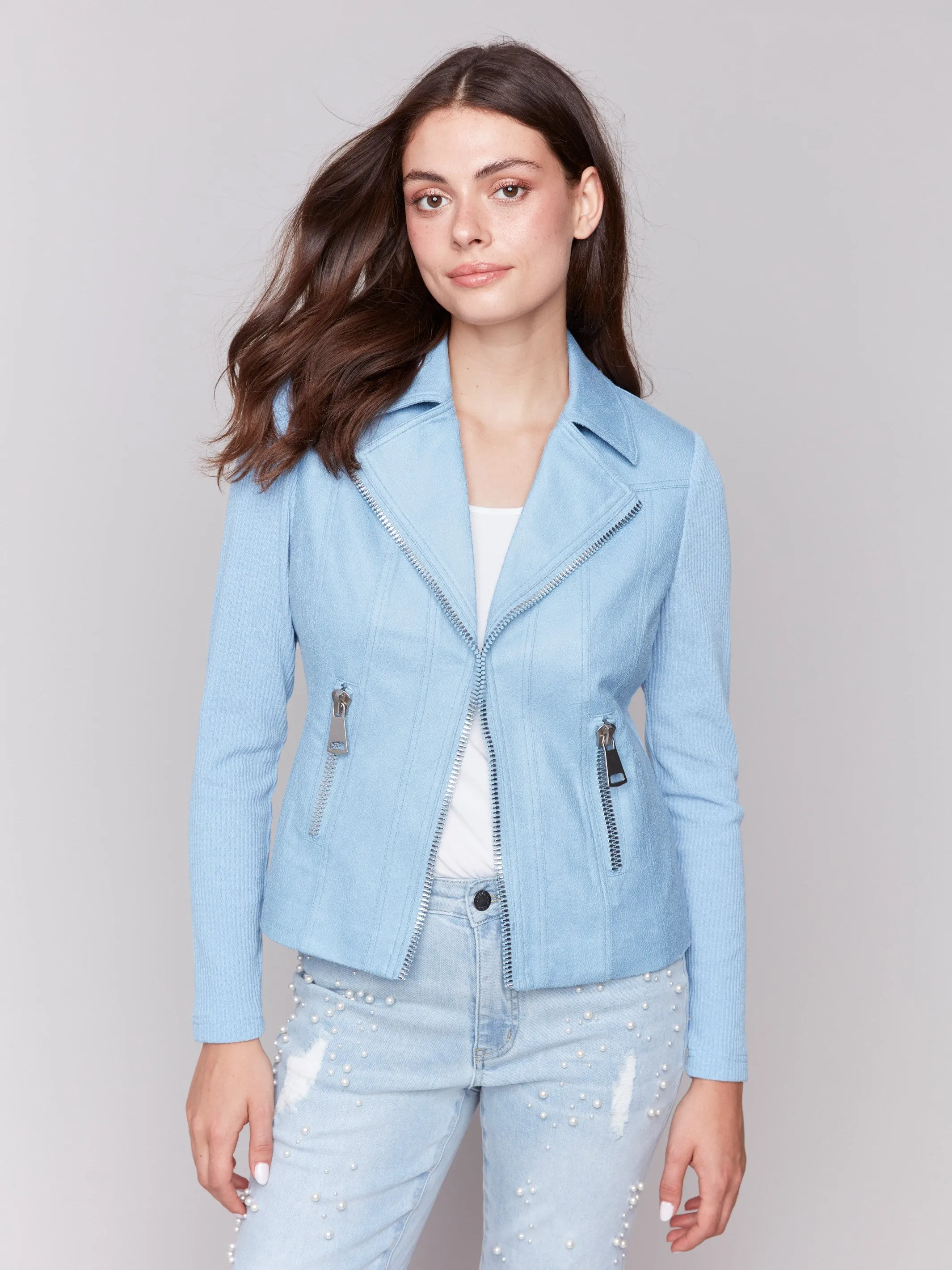 Vintage Faux Leather and Rib Knit Jacket - Bluebell