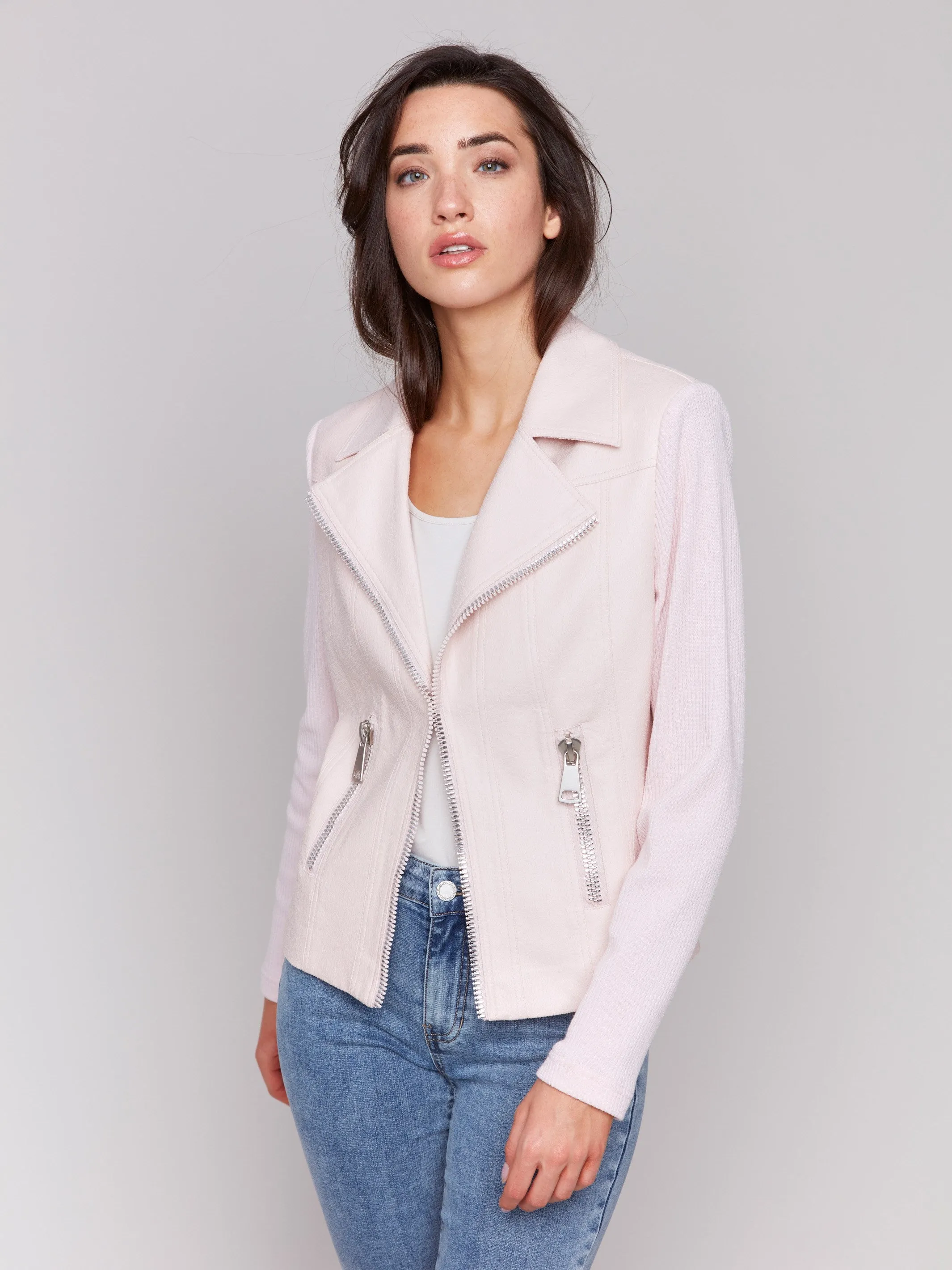 Vintage Faux Leather and Rib Knit Jacket - Petal