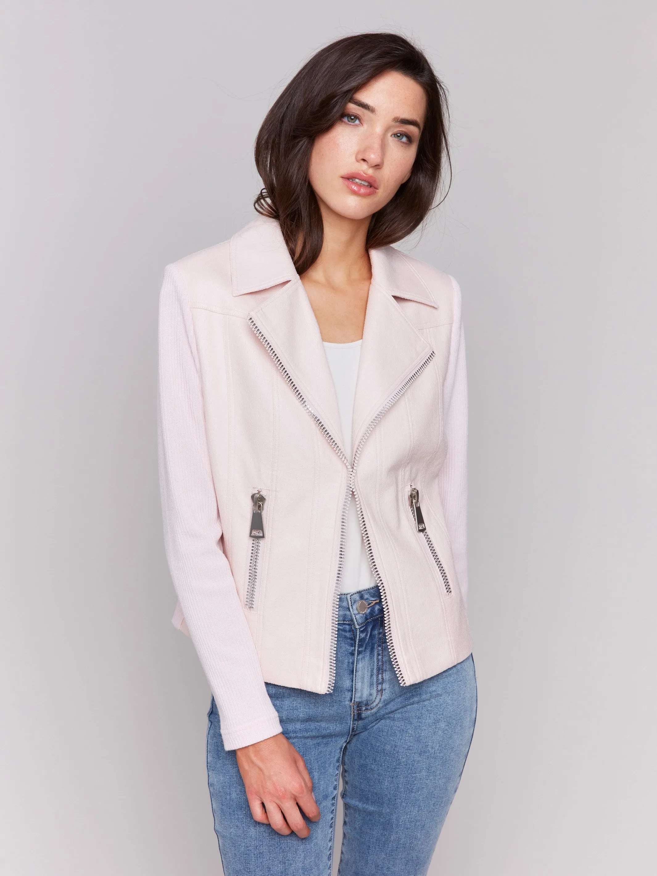 Vintage Faux Leather and Rib Knit Jacket - Petal
