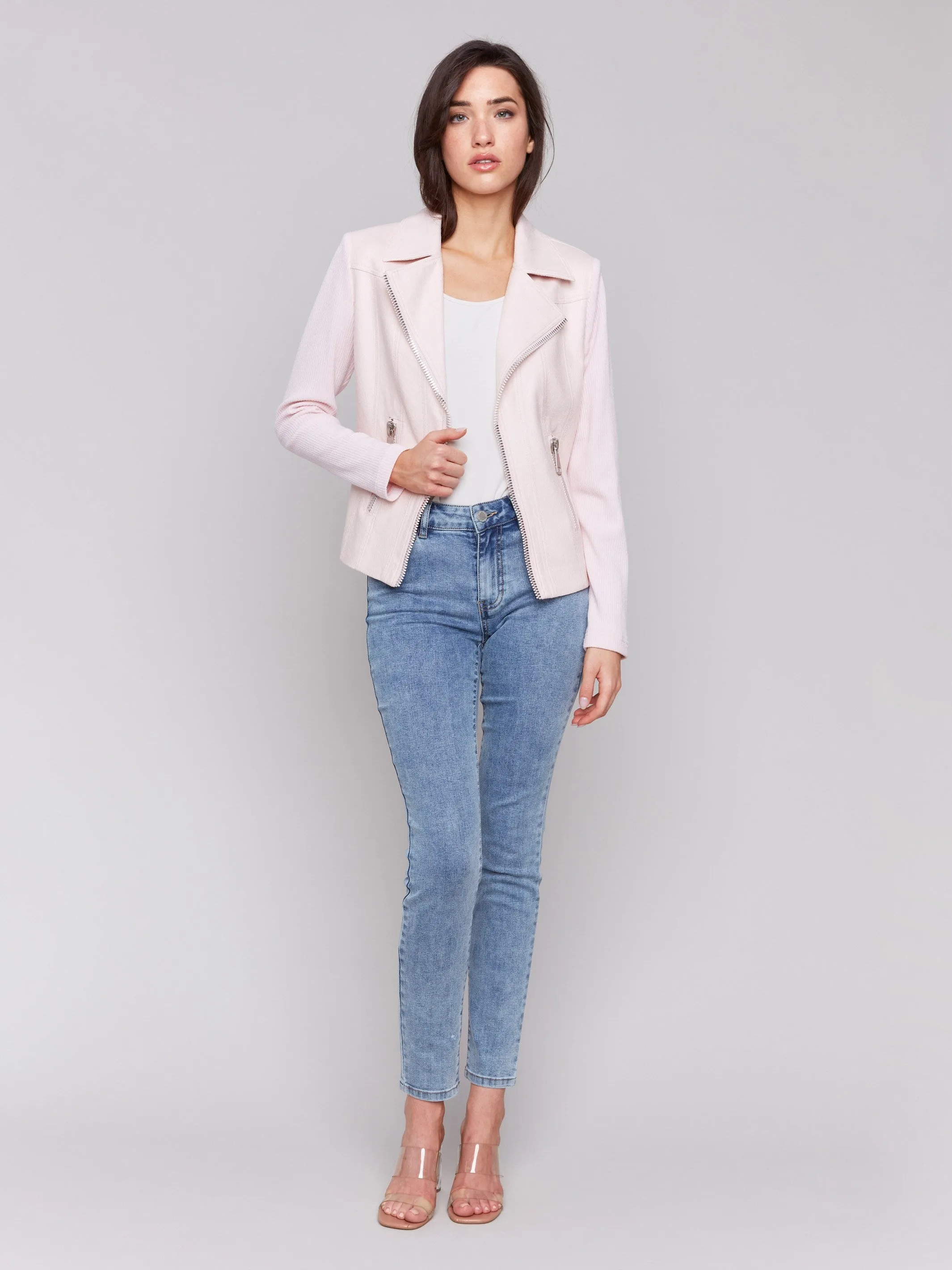 Vintage Faux Leather and Rib Knit Jacket - Petal