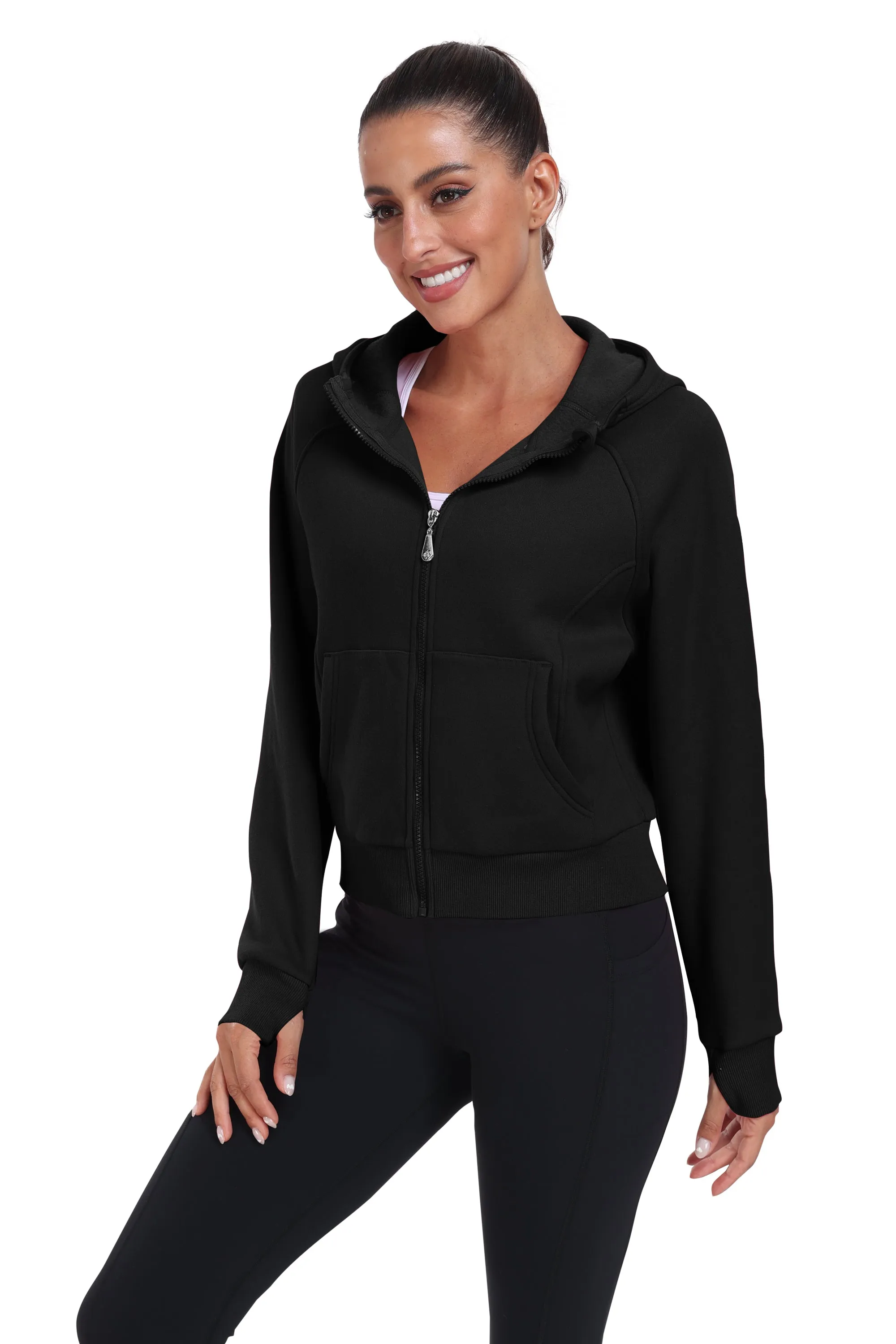 Women's Full Zip Fleece Jacket Long Sleeve Short Sports Sweatshirt