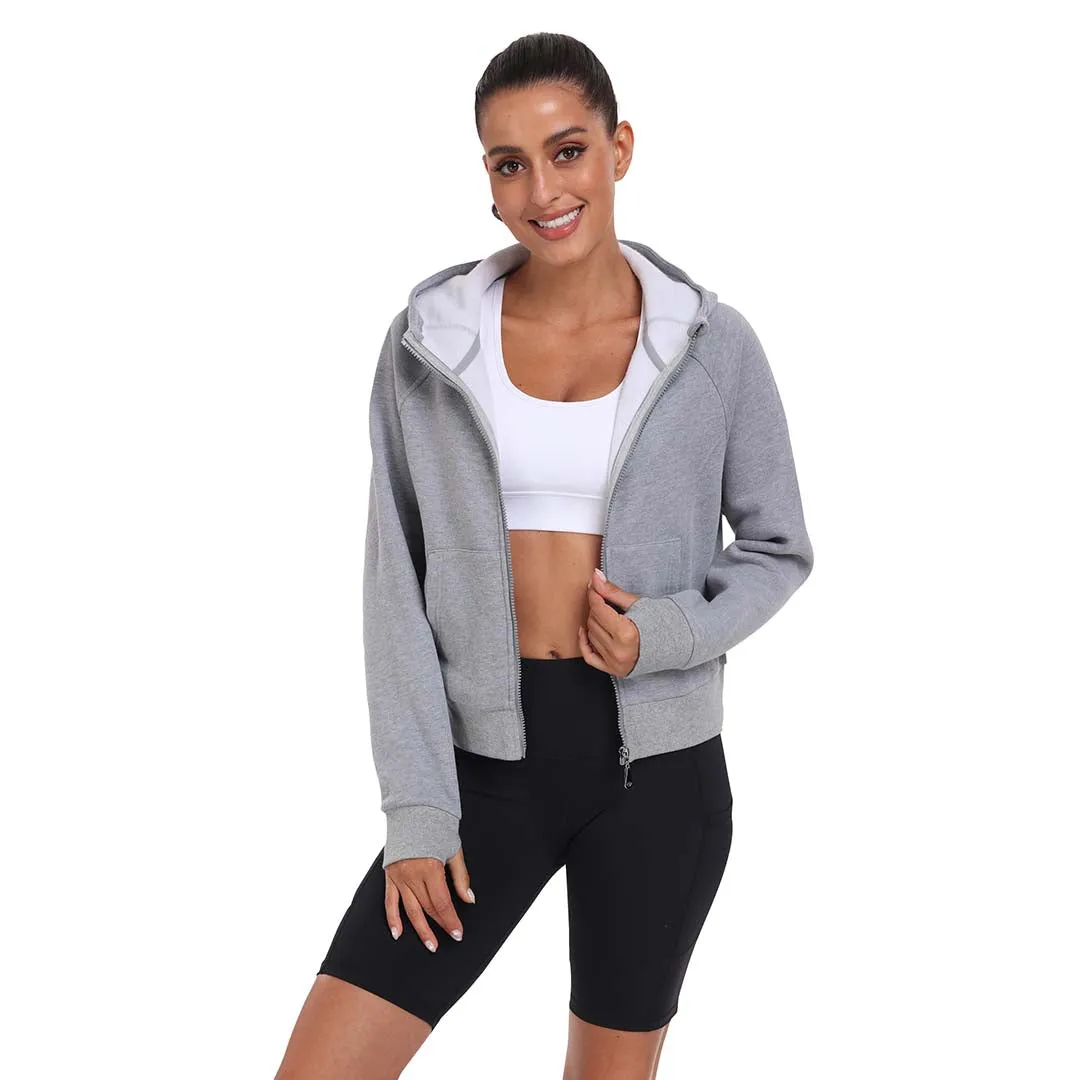 Women's Full Zip Fleece Jacket Long Sleeve Short Sports Sweatshirt