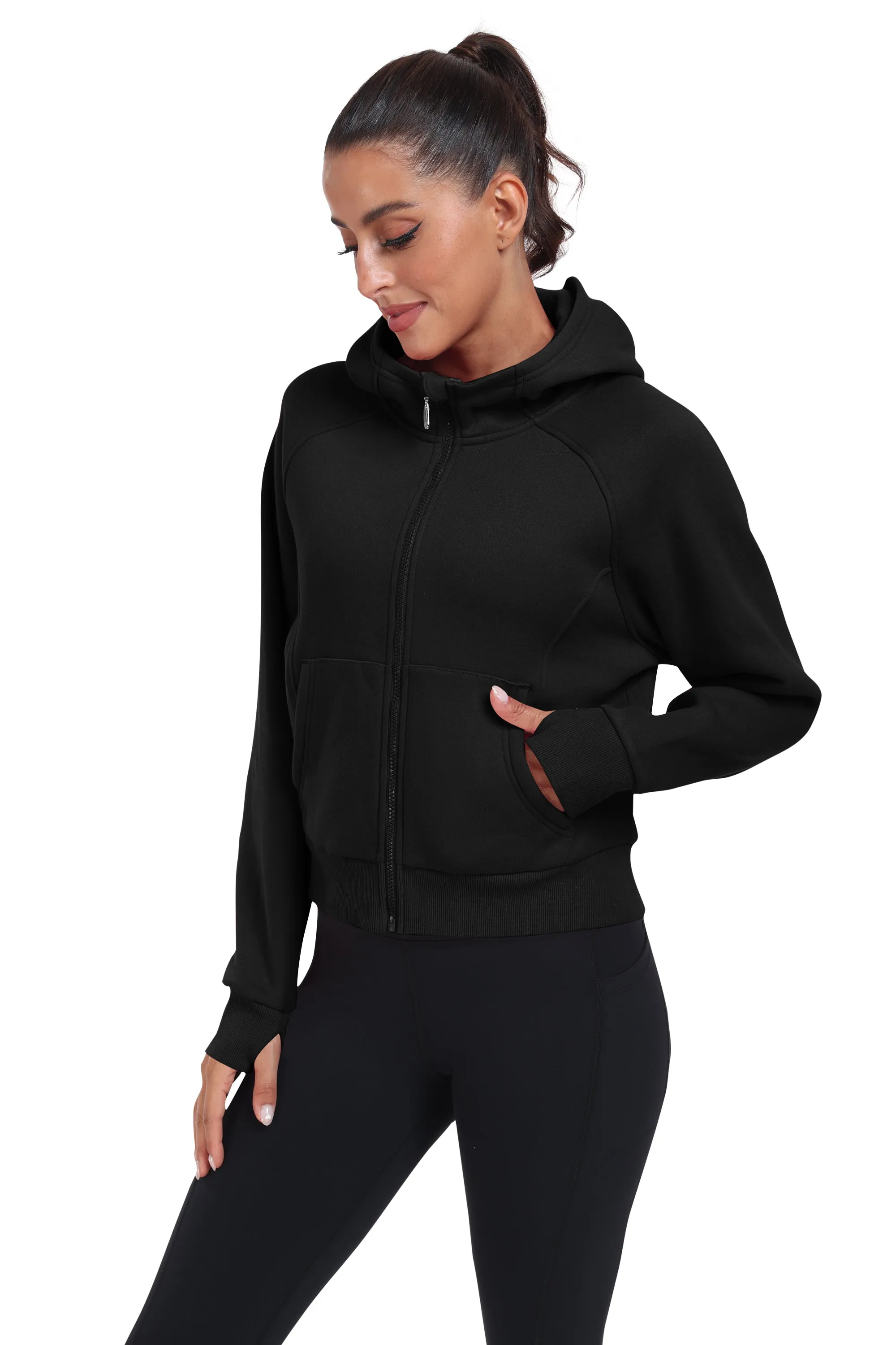 Women's Full Zip Fleece Jacket Long Sleeve Short Sports Sweatshirt