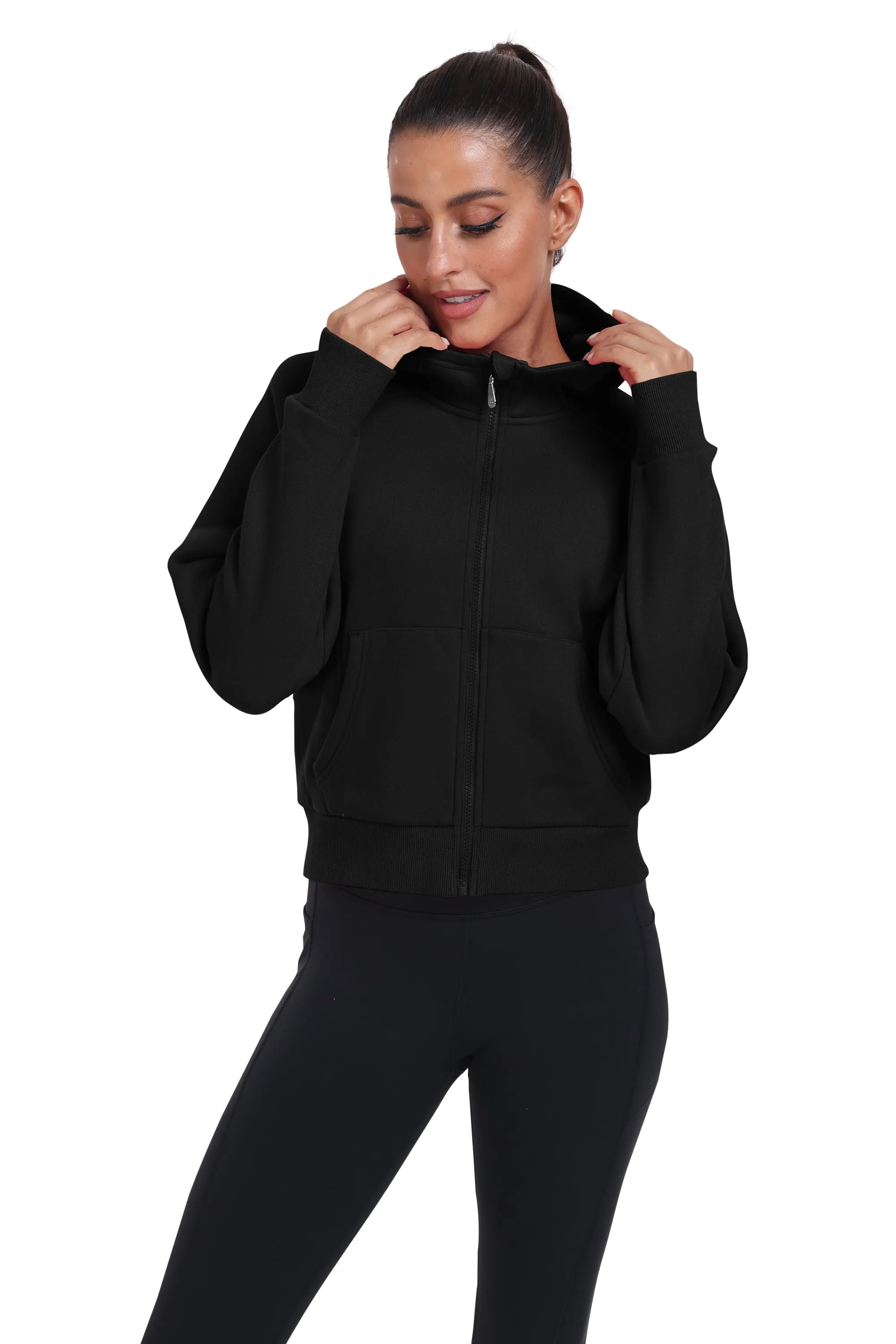Women's Full Zip Fleece Jacket Long Sleeve Short Sports Sweatshirt