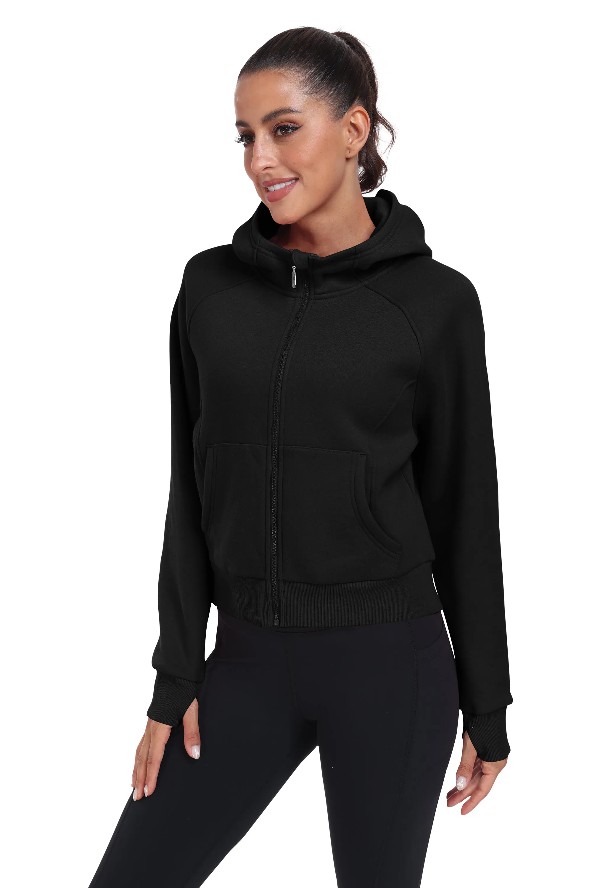 Women's Full Zip Fleece Jacket Long Sleeve Short Sports Sweatshirt
