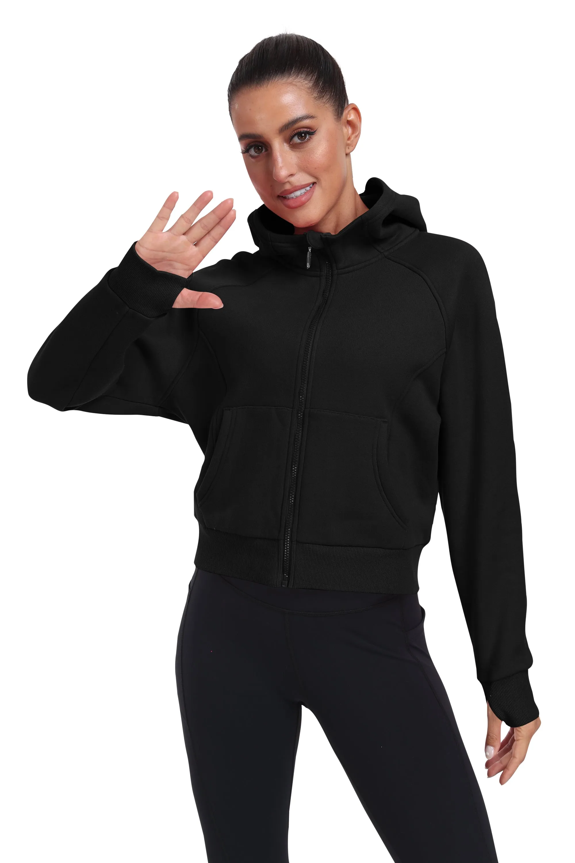 Women's Full Zip Fleece Jacket Long Sleeve Short Sports Sweatshirt
