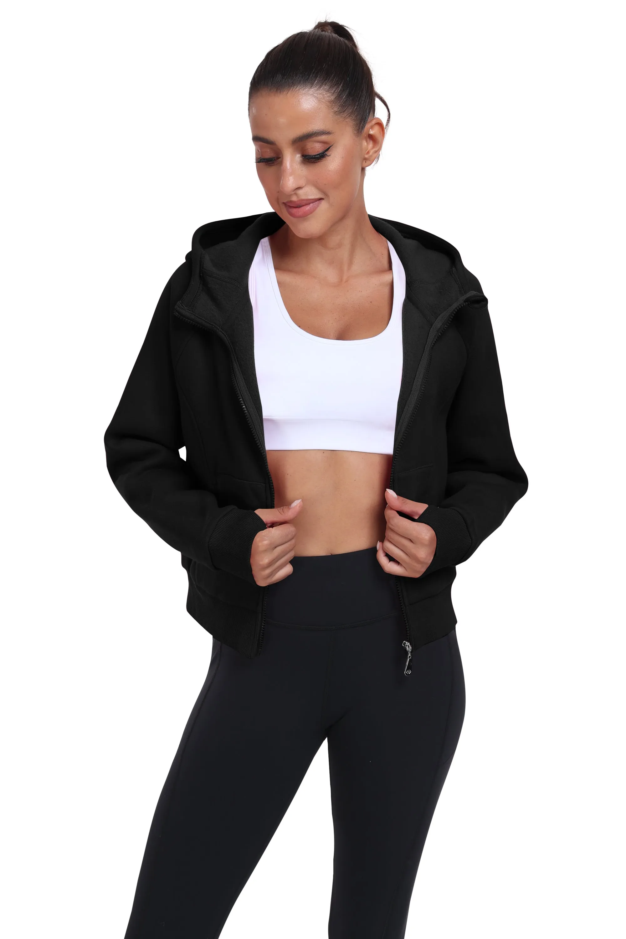 Women's Full Zip Fleece Jacket Long Sleeve Short Sports Sweatshirt