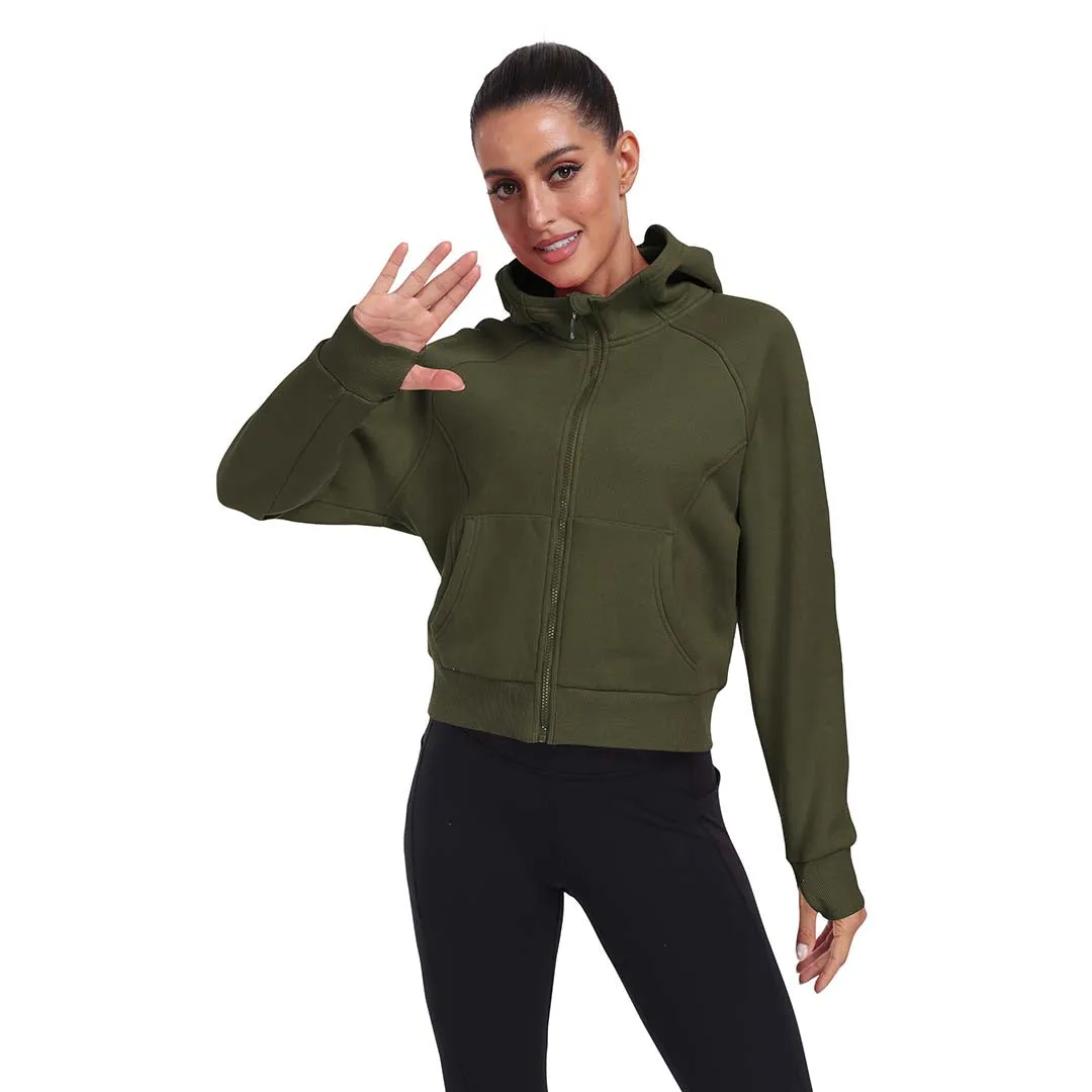 Women's Full Zip Fleece Jacket Long Sleeve Short Sports Sweatshirt