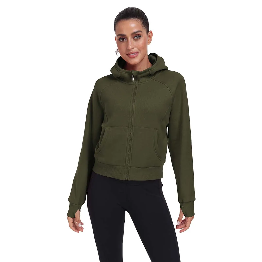 Women's Full Zip Fleece Jacket Long Sleeve Short Sports Sweatshirt