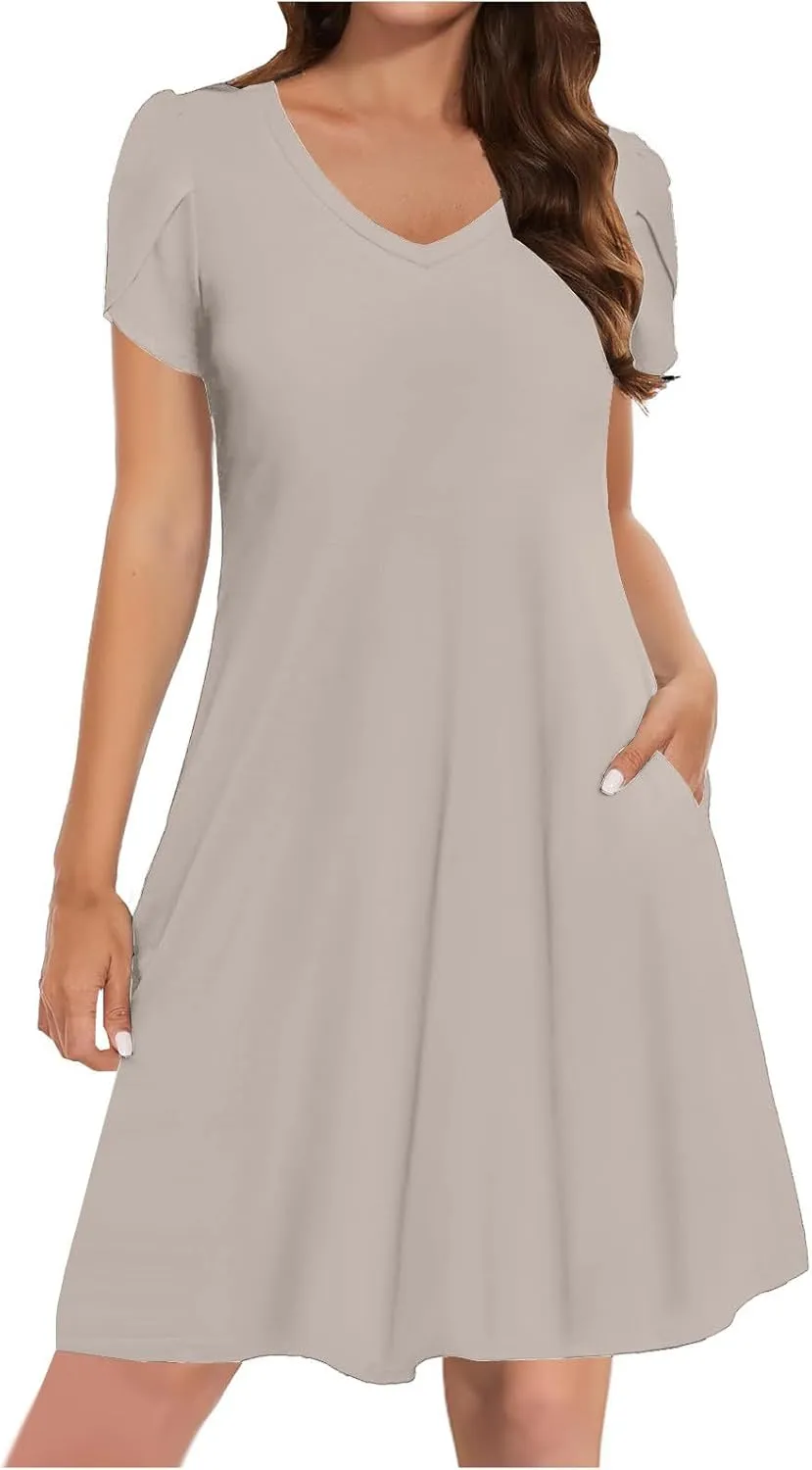 Womens Summer Dresses Short Sleeve A Line Sundresses V-Neck Trendy Loose Casual Boho Beach Dress with Pockets