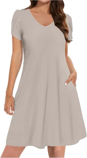 Womens Summer Dresses Short Sleeve A Line Sundresses V-Neck Trendy Loose Casual Boho Beach Dress with Pockets