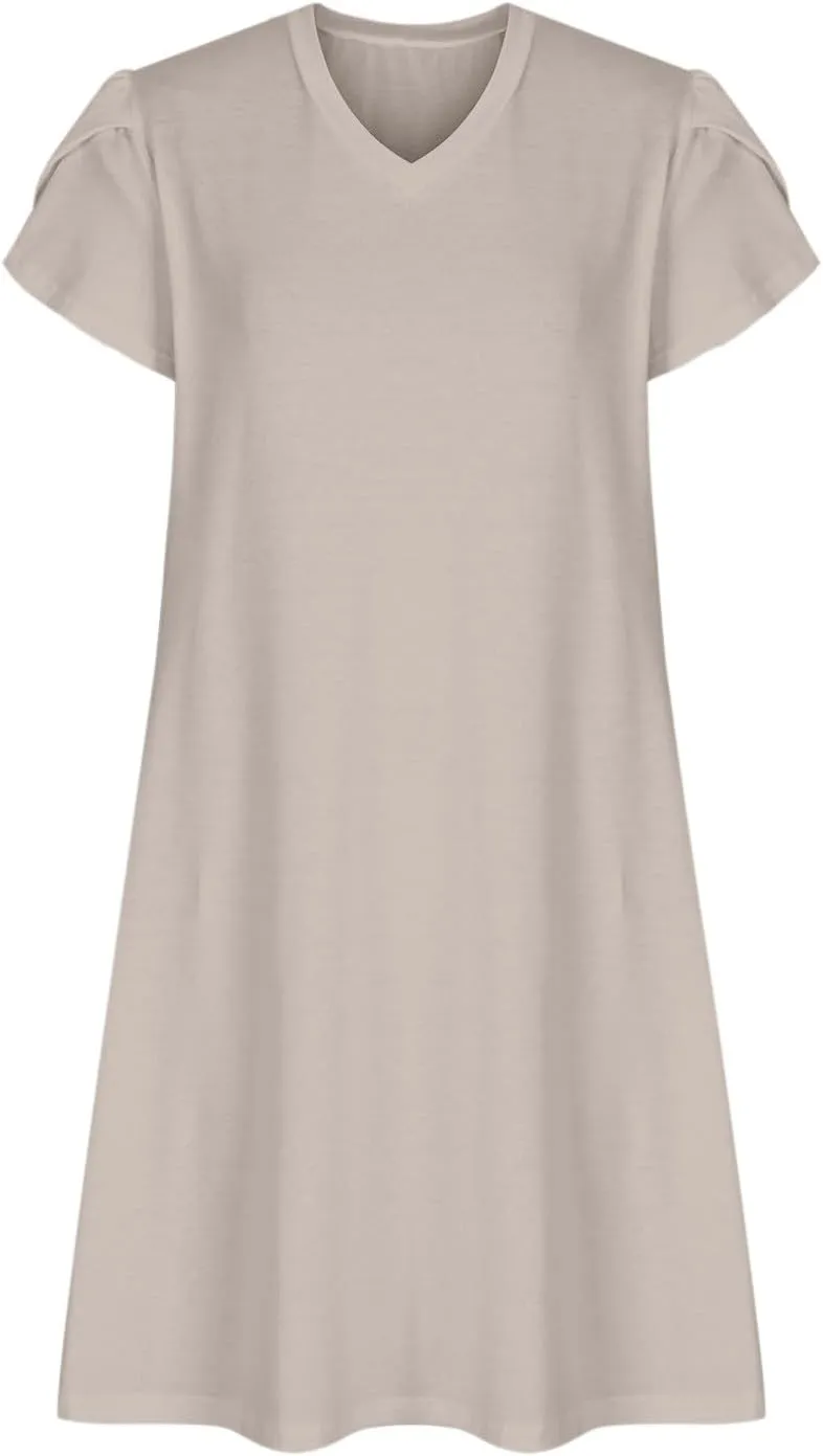 Womens Summer Dresses Short Sleeve A Line Sundresses V-Neck Trendy Loose Casual Boho Beach Dress with Pockets