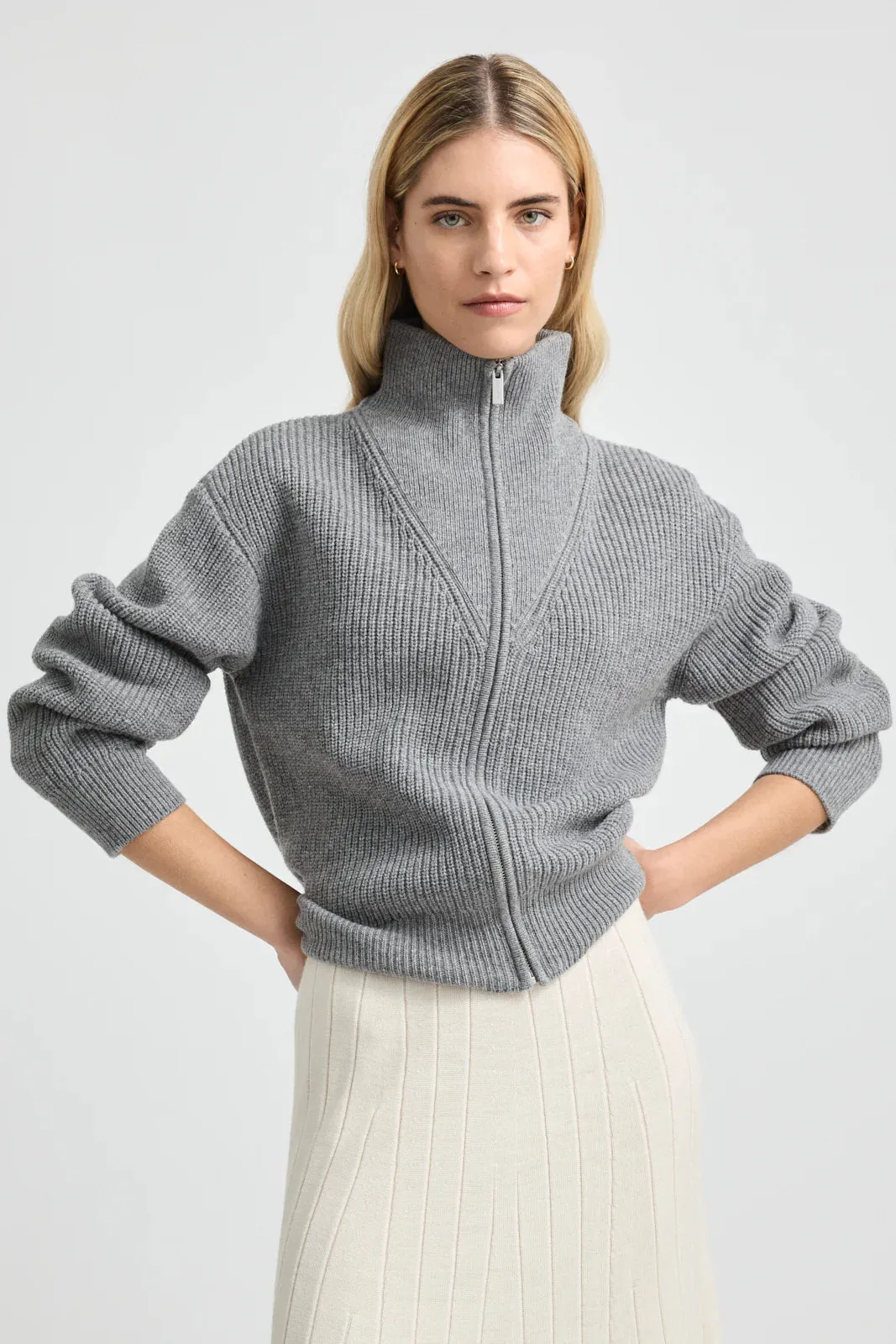 Zip Through Rib Knit | Mid Grey