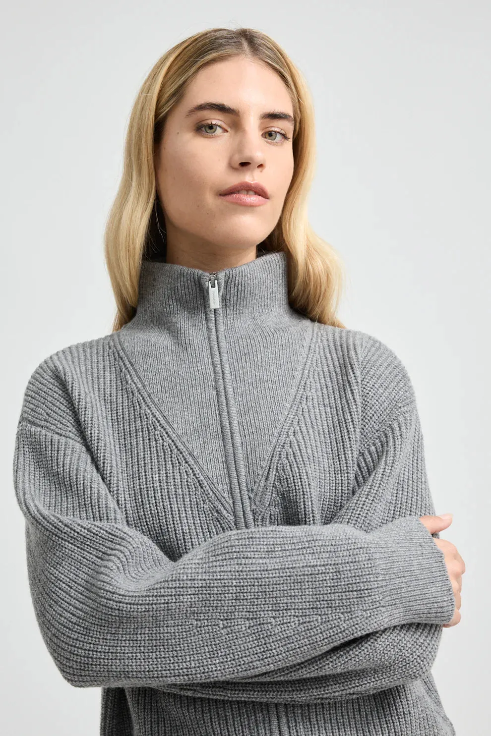 Zip Through Rib Knit | Mid Grey